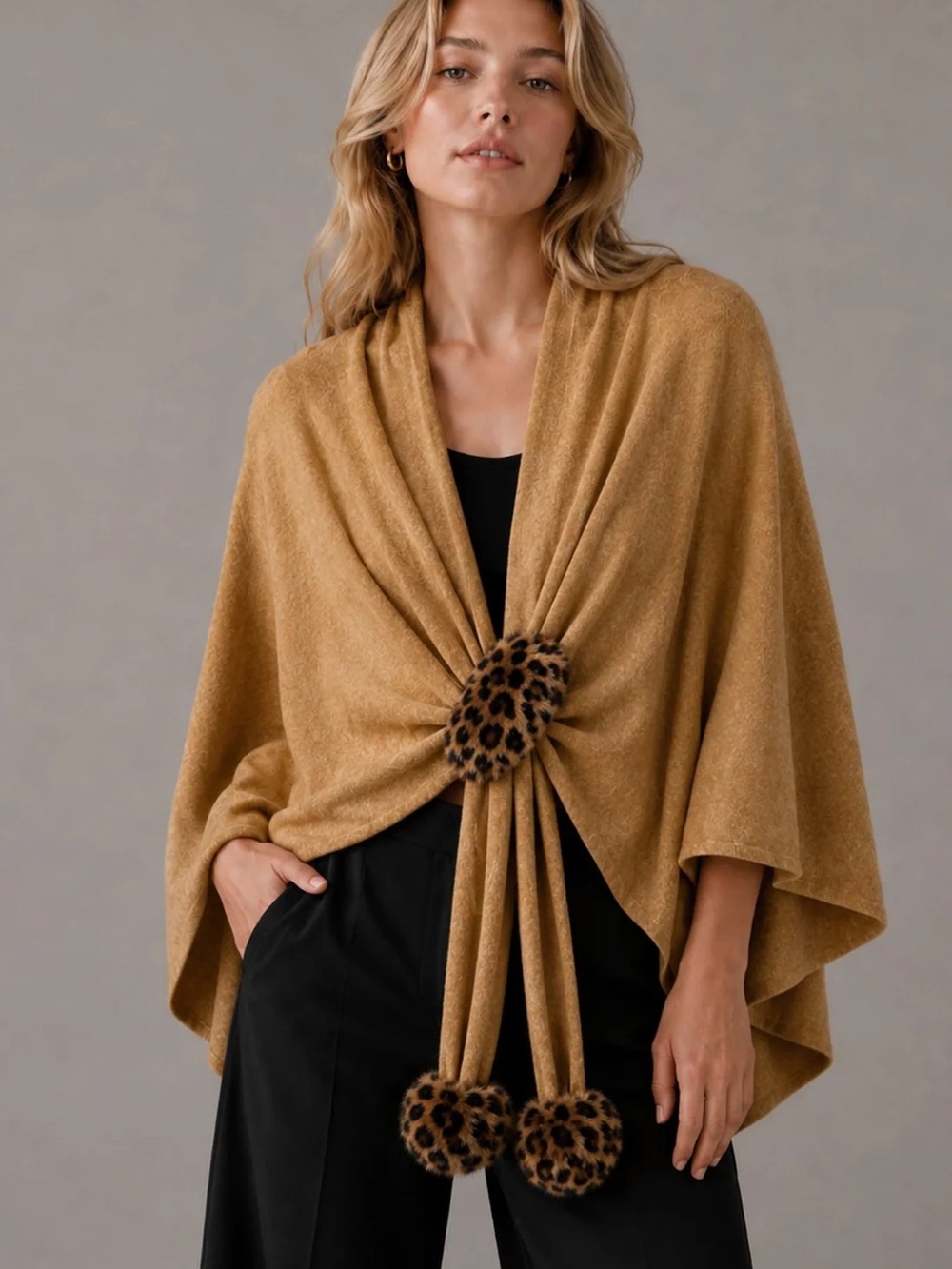 Woven Wrap Shawl with Leopard Pom Detail - Camel